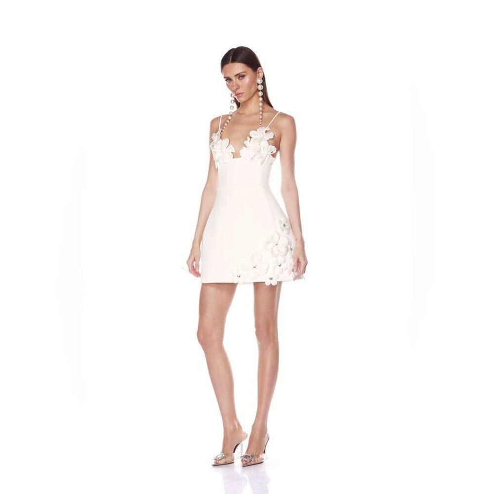 New BRONX BANCO Emma White Floral Appliqué Strap Mini Wedding Bridal Dress, M